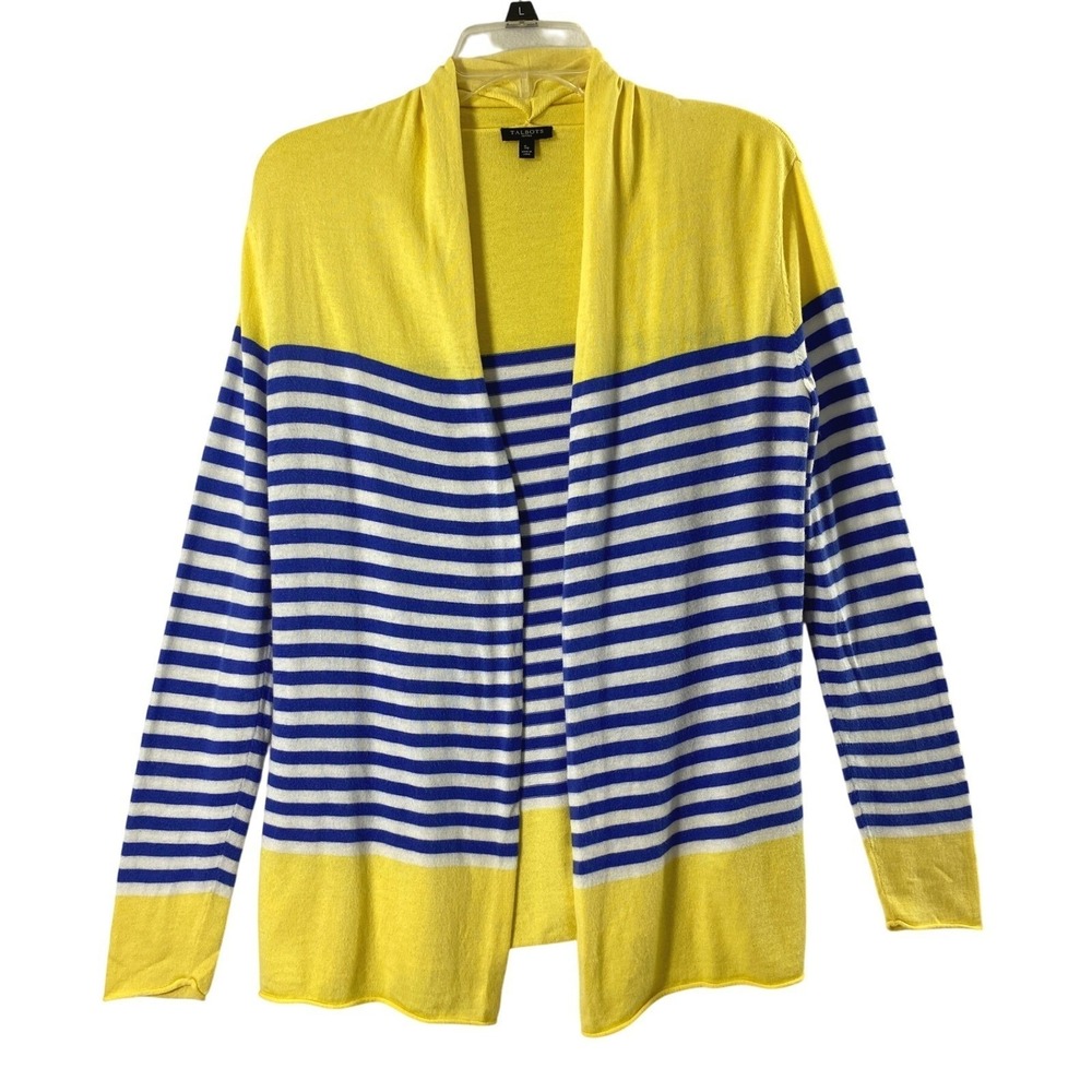 Talbots Cardigan Women SP Yellow Blue Stripe Open Front Lightweight Knit Coastal